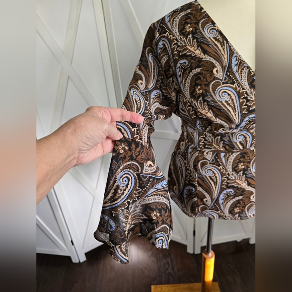 Milano - Brown Paisley Wrap Blouse with Blue Accents & Long Bell Sleeves - Picture 3 of 10